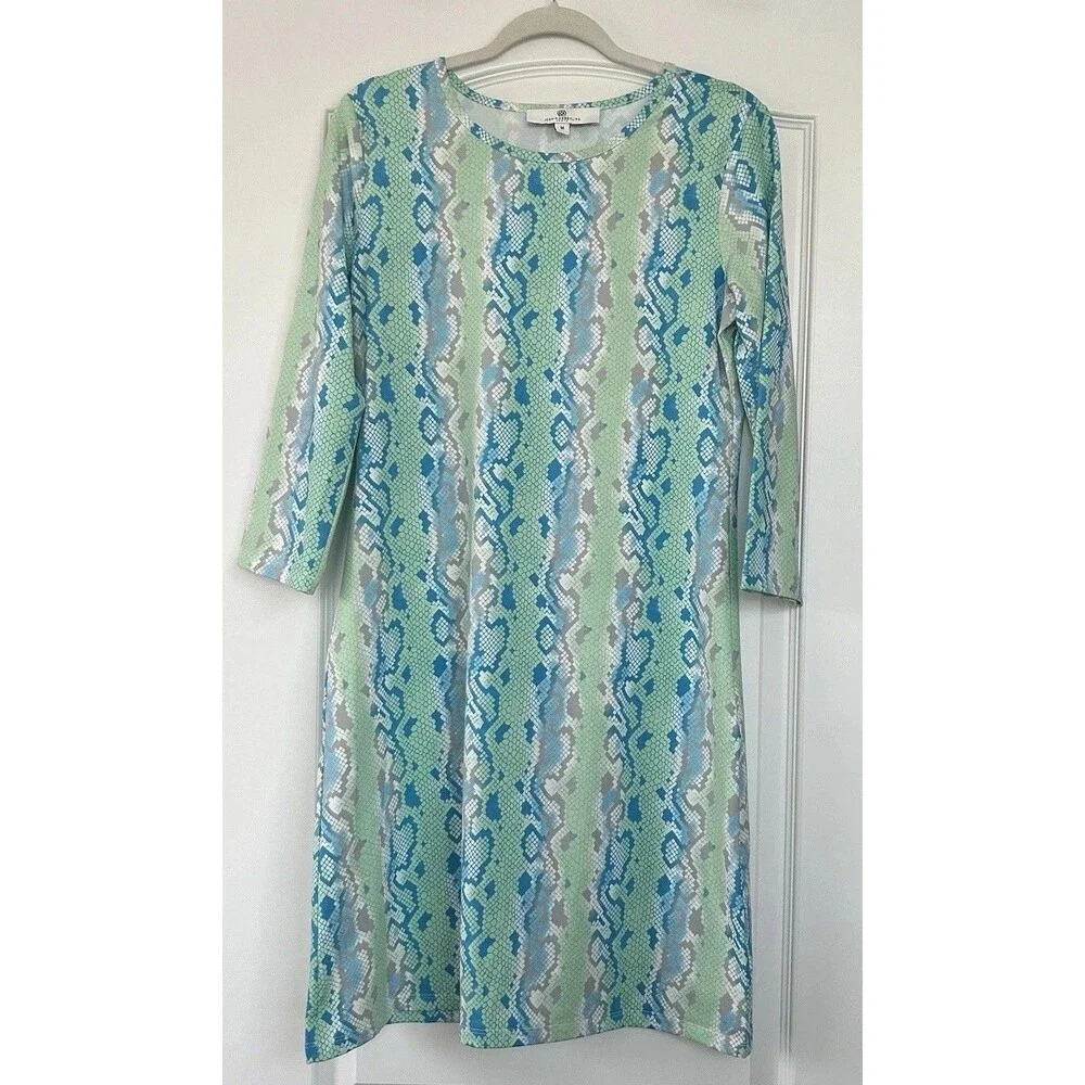 Jean-Pierre Klifa Daphne Dress Size M Aqua Snake 3/4 Sleeve Shift Knee Length